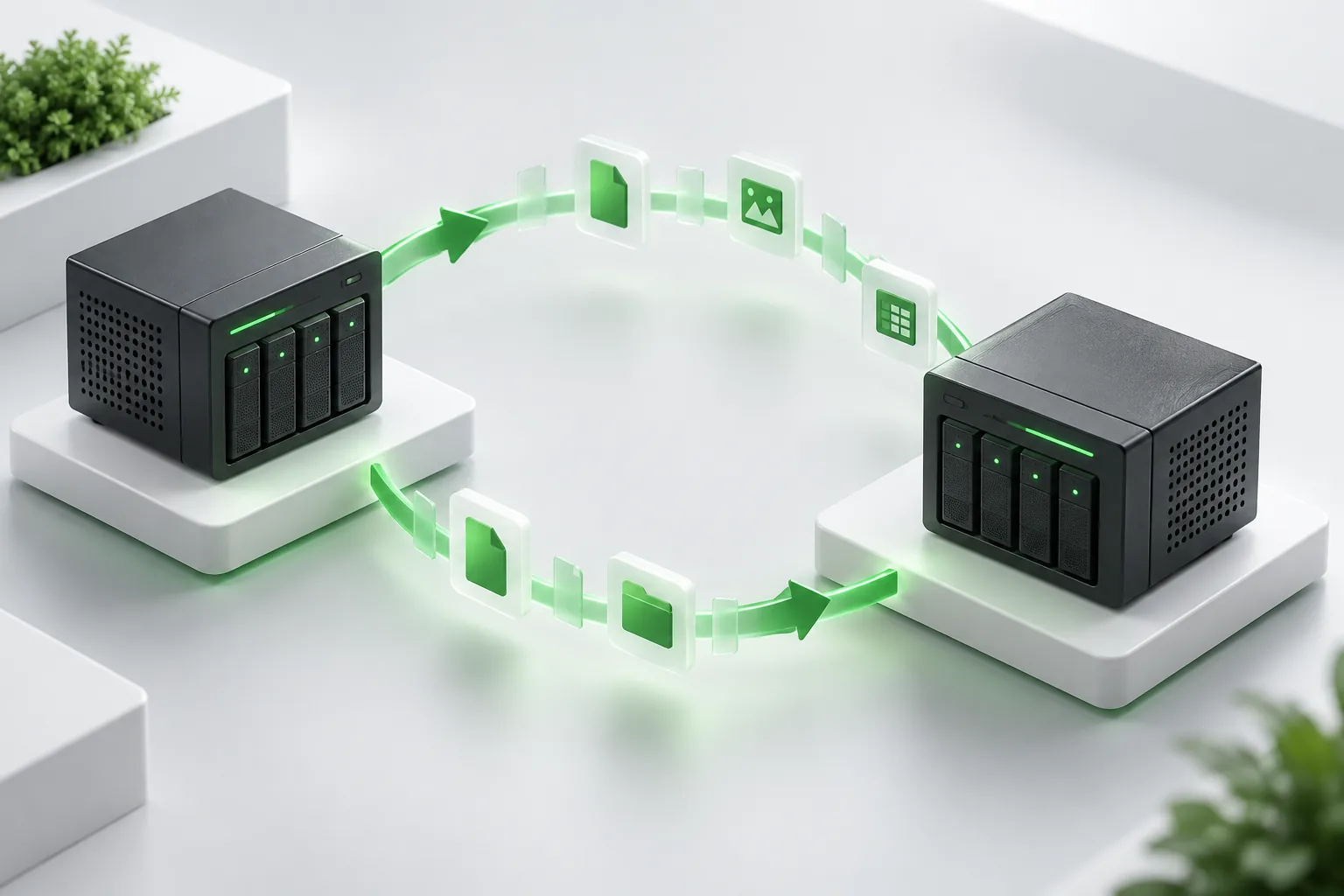 Illustration of separate storage systems connected by a recovery path