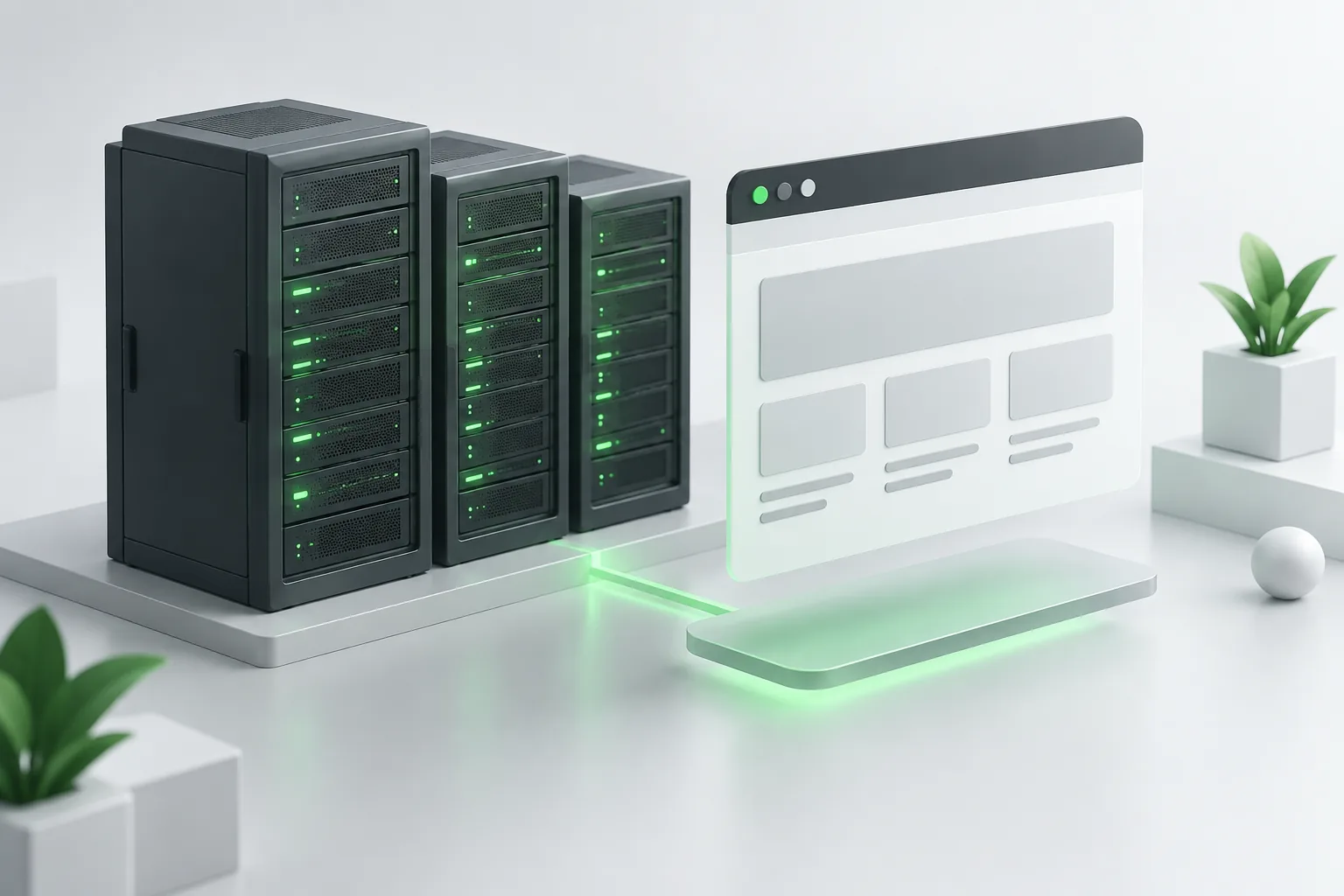 Illustration of server cabinets and a hosted application