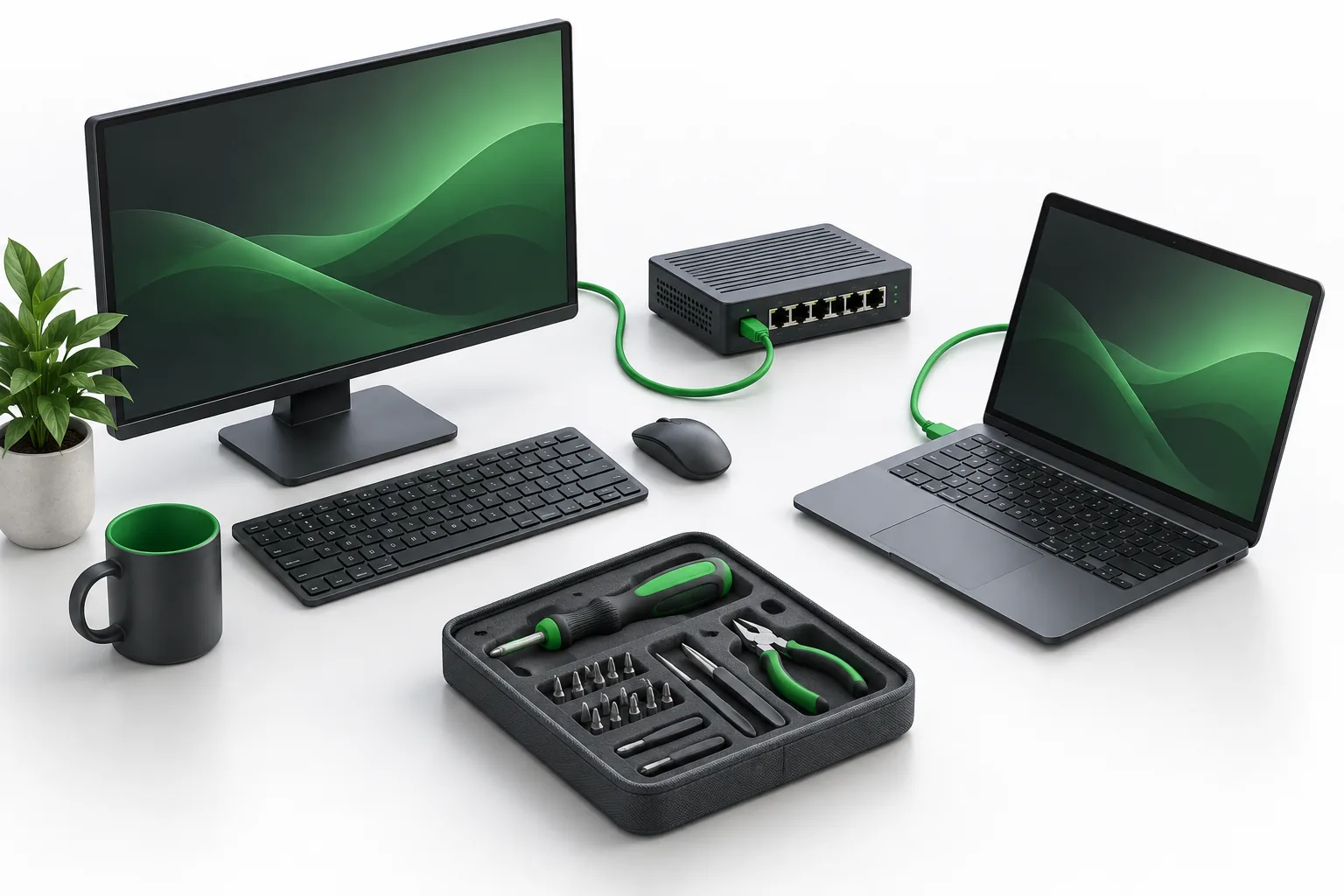 Illustration of connected business computers and IT maintenance tools