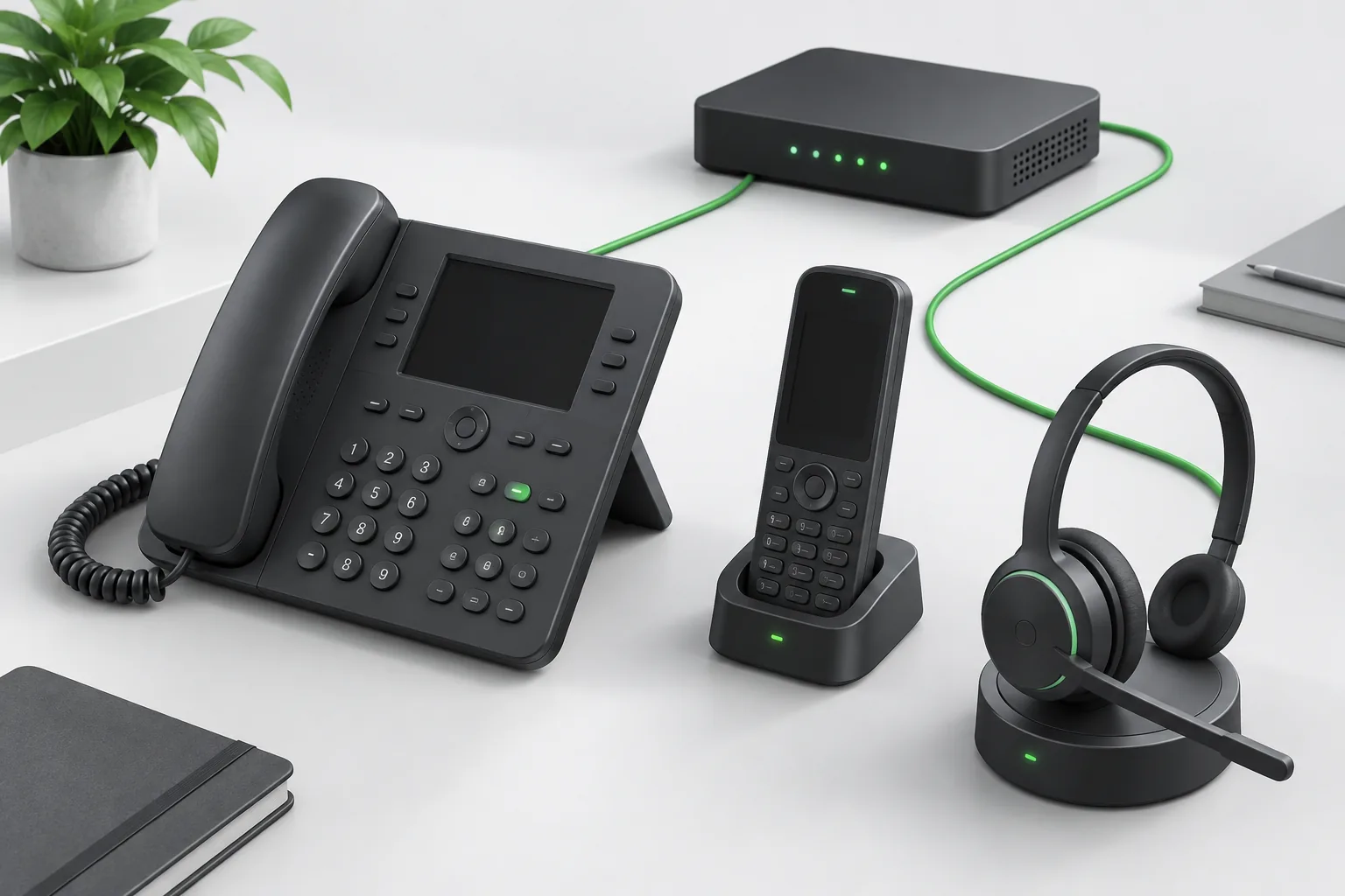 Illustration of business phones, a headset and a connected router